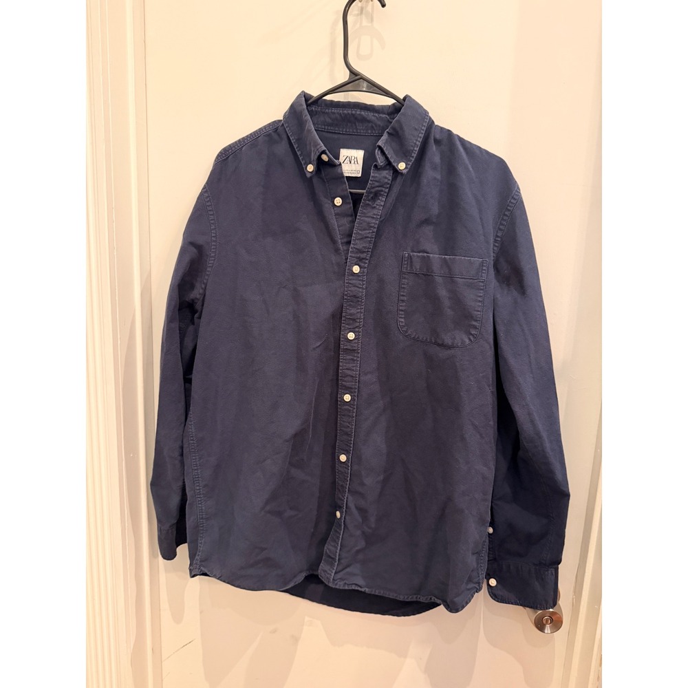 Zara Men Navy Blue 100% Cotton Button Down Shirt Large Minimalist Workwear
